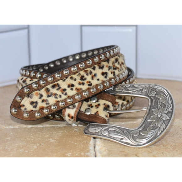 NOCONA Leather Belt Calf Hair Studded Embellishments Western Buckle Size S - Picture 7 of 7